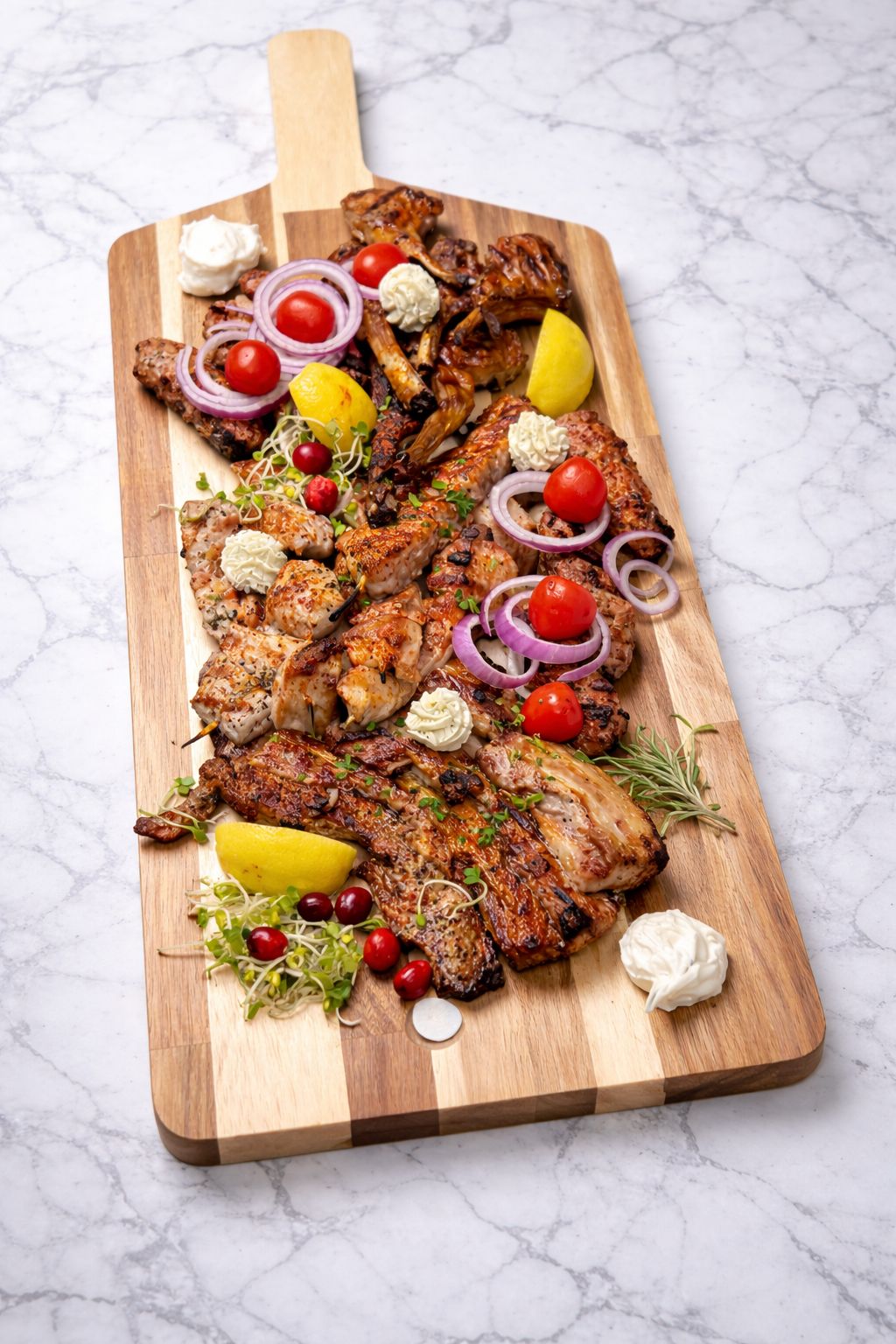 Gemischte Grillplatte mit Fleisch, Tomaten und Zitrone — Restaurant Omega, Ludwigshafen am Rhein